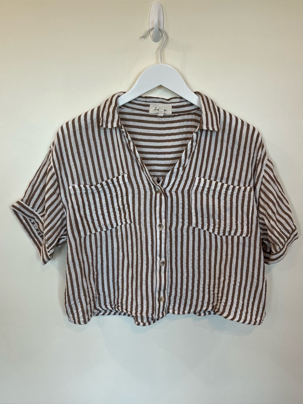 Love Notes Top Womens L Muted Striped Gauze Button Blouse Soft Cottagecore Boho